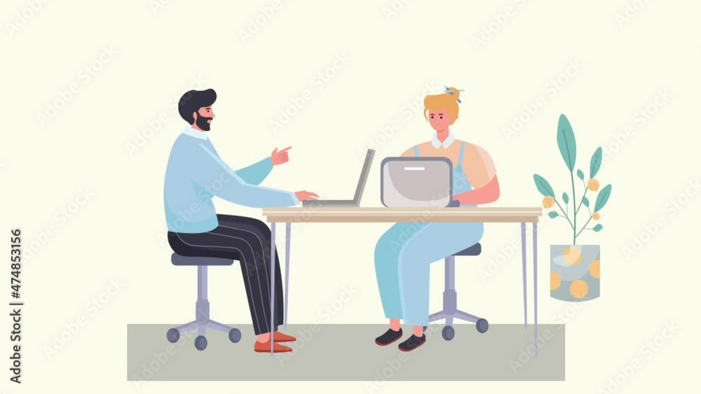 The love relationship between employees. Office workers love each other. Loop video man and woman sit at the computer in the workplace on yellow background The love relationship between employees. Office workers love each other. Loop video man and woman sit at the computer in the workplace on yellow background