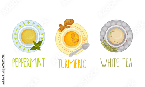 Hot aromatic tea set. Top view of teacup with peppermint, turmeric, white tea vector illustration