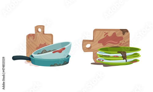 Dirty dishes set. Restaurant or household kitchenware utensils, unwashed plates, cutting boards and frying pan vector illustration