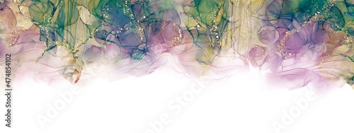 Alcohol ink background with gold texture, green and purple watercolour painting, white bottom for copy space, hand drawn art, fluid illustration design, wallpaper for print