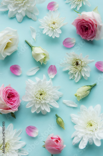 Wallpaper Mural Pink and white flowers on pastel blue background. Torontodigital.ca