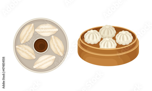 Set of uncooked dumplings on plate and wooden board. Dough stuffed with meat or vegetables vector illustration