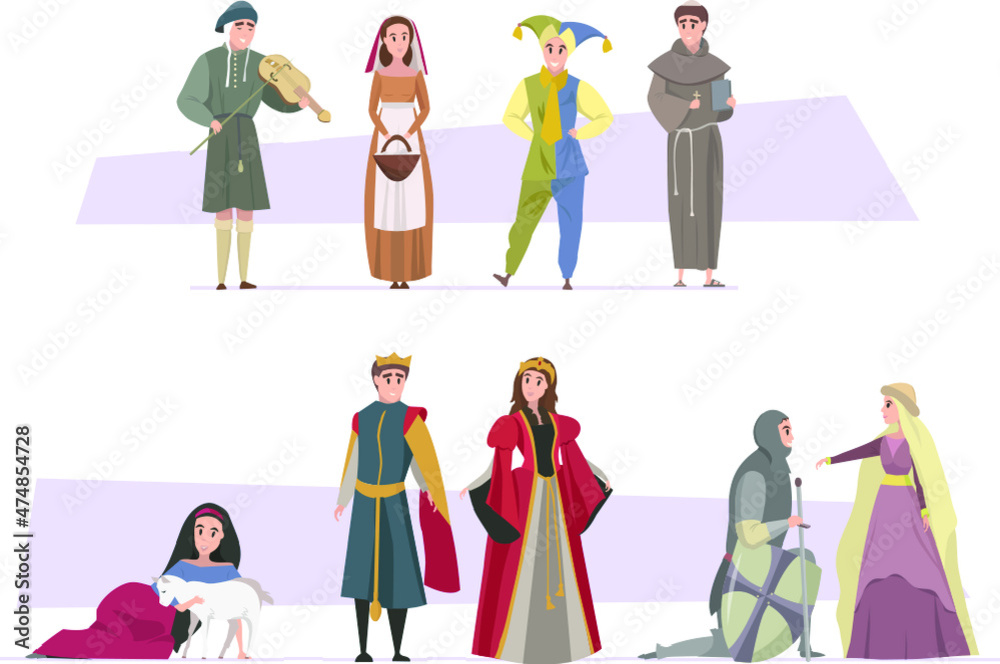 Naklejka premium Various cute characters from the Middle Ages, cook, clown, knight, queen, princess. Suffering middle ages
