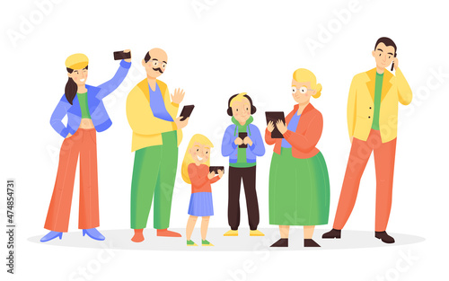Family With Smartphones Flat Illustration