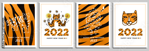 New Year card set with Funny Tiger Characters. Celebration cards of New Year 2022 with cute Tiger animal in cartoon doodle style. Vector banner, poster, invitation, flyer