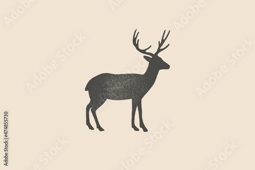 Silhouette of a young deer is drawn with a stamp effect. Wild animal. Vintage emblem. Design element for shop, market, packaging, labels, and logo. Vector illustration.