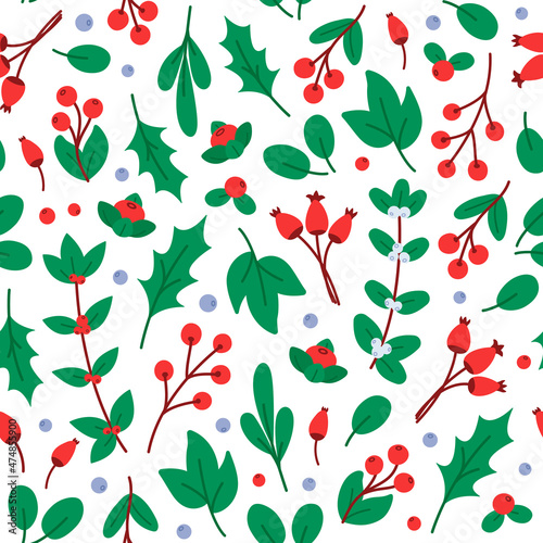 Forest plants seamless pattern. Pattern of green leaves and red berries of lingonberry, rose hips, snowberry and holly on a white background. Christmas design. Vector illustration in a flat style.