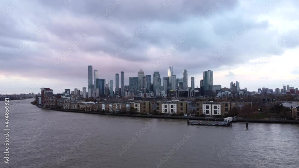 London City Canary Wharf and the River Thames Aerial Drone Shot With Dramatic Clouds London City Canary Wharf and the River Thames Aerial Drone Shot With Dramatic Clouds
