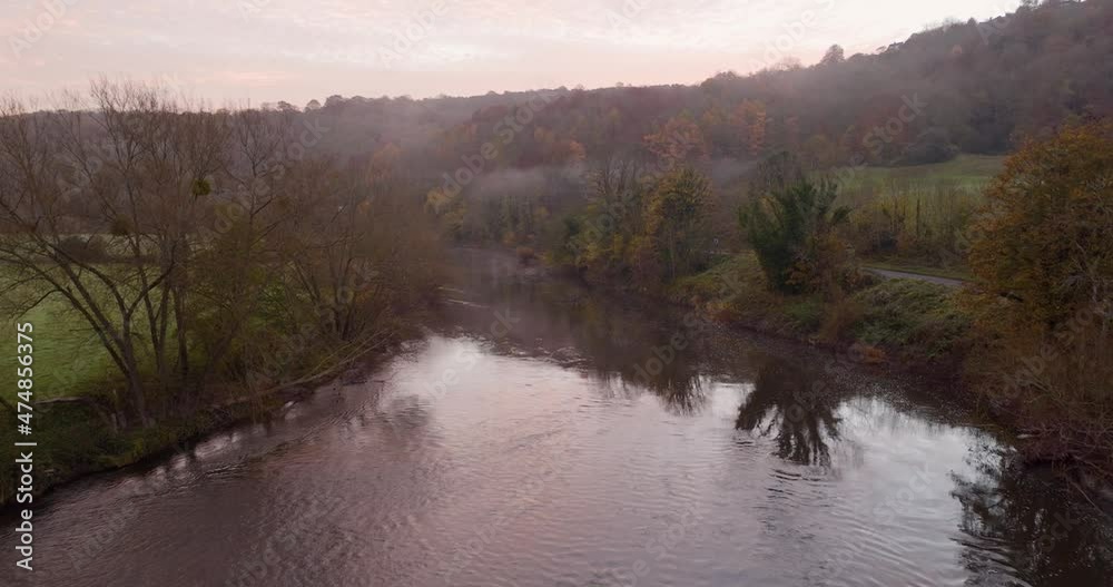 River Wye Morning Mist Autumn Lydbrook Wye Valley Gloucestershire UK Autumn Season Aerial View River Wye Morning Mist Autumn Lydbrook Wye Valley Gloucestershire UK Autumn Season Aerial View