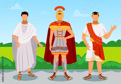 Ancient rome citizens, persons greek residents in traditional costumes, legionary, roman man, plebeian, emperor flat vector. Ancient historical characters wearing in authentic clothes rome people