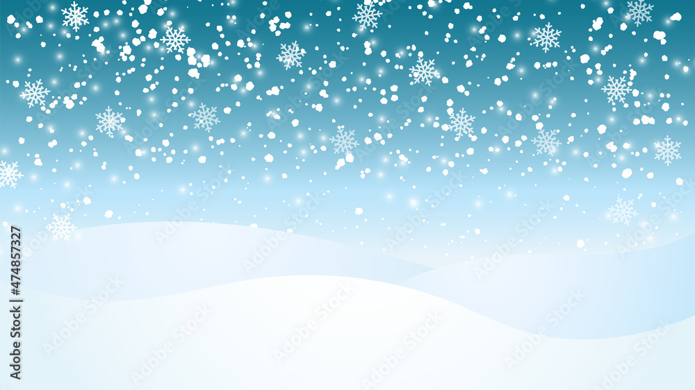 Winter landscape. Vector snowfall background. Falling snowflakes and snowdrifts