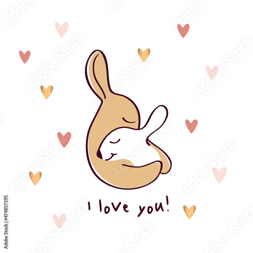 Greeting card with hand drawn cute rabbit and baby for Mother's Day and birthday. Vector illustration. photo