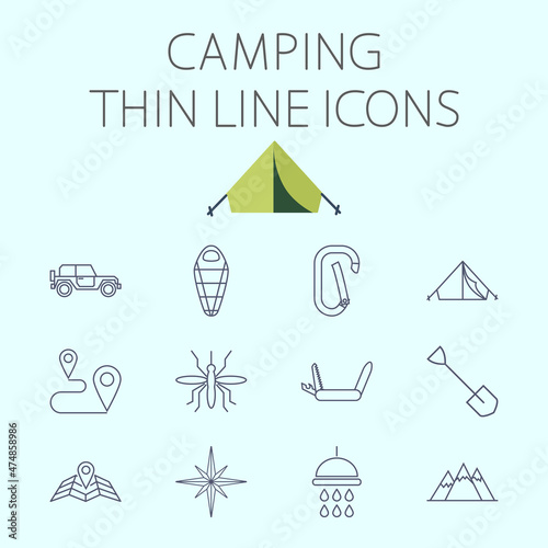 Camping related flat icon set photo