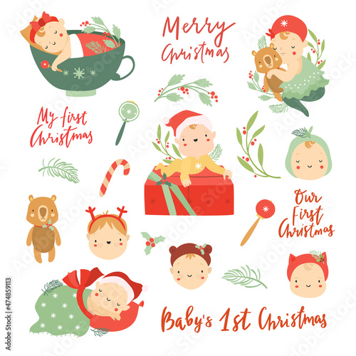 Baby's first Christmas, faces of children in Christmas costumes, adorable babies, Newborn babies. Kids party