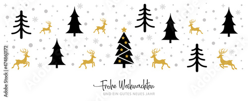 Foto Weihnachtskarte Winterwald - schwarz und gold auf weißem Hintergrund - Weihnacht