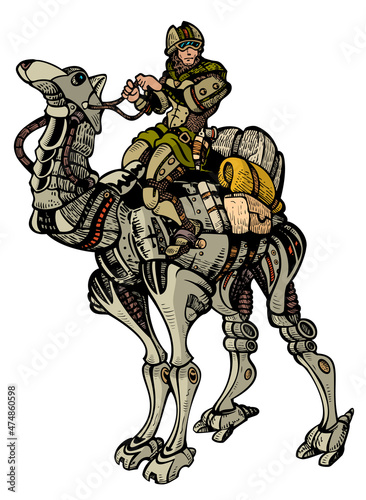Future Man riding camel robot photo
