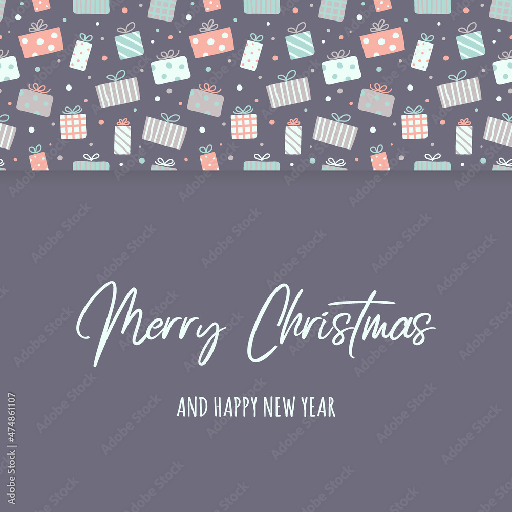 Xmas greeting card with hand drawn gift boxes. Christmas design. Vector