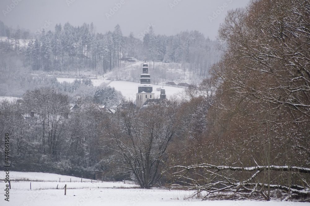 Landscape near the german city called Hallenberg with tower of the church