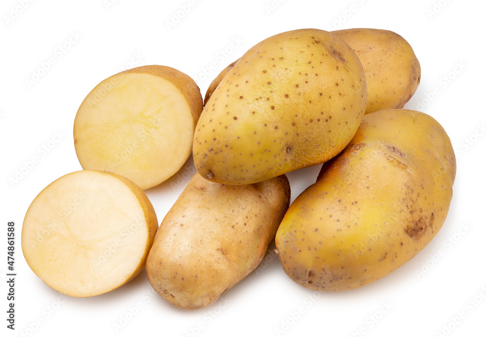 Fresh potatoes and sliced isolated on white background, Potato on white background With clipping path.	
