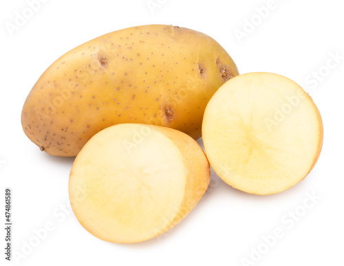 Fresh potatoes and sliced isolated on white background, Potato on white background With clipping path. 