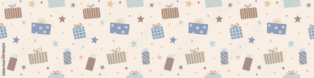 Seamless pattern with Christmas gift boxes. Panoramic header. Vector