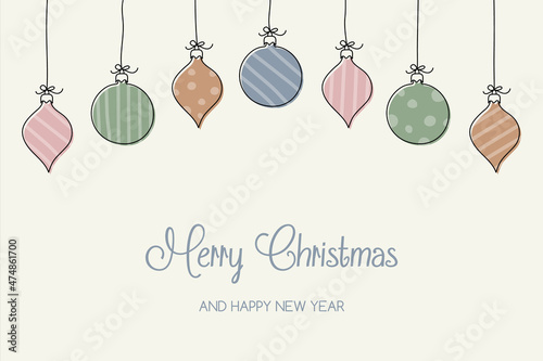 Design of a card with hanging Christmas balls and wishes. Vector