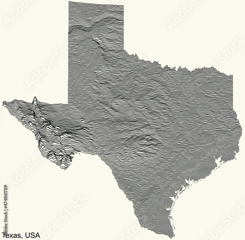 Topographic relief map of the Federal State of Texas, USA with black contour lines on beige background