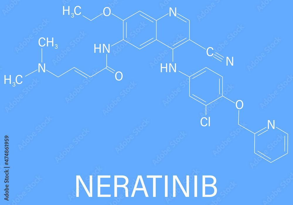 Neratinib breast cancer drug molecule. Skeletal formula. Neratinib breast cancer drug molecule. Skeletal formula.
