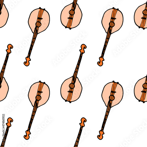 a mandolin pattern. seamless pattern of a doodle-style stringed musical instrument Lute orange on white, top view