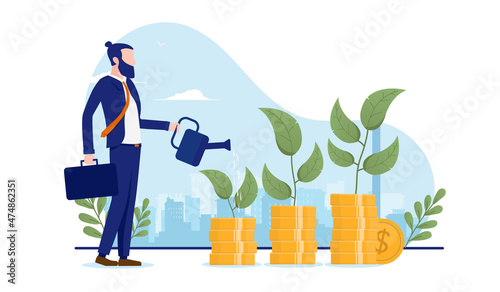 Money growth - Business person growing finances and watering plants. Flat design vector illustration.