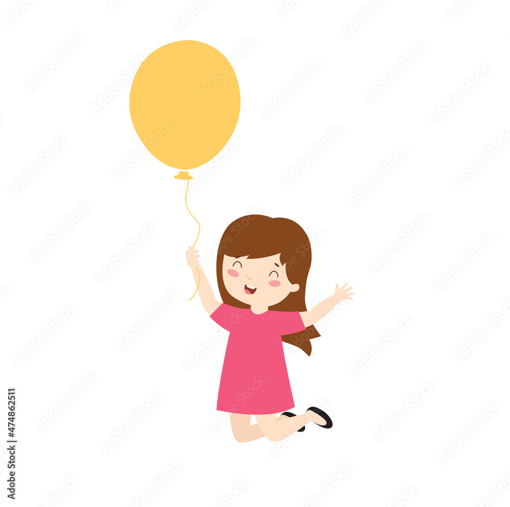 Print. Cheerful cartoon girl with a balloon. The girl is jumping. Cartoon character. Print. Cheerful cartoon girl with a balloon. The girl is jumping. Cartoon character.