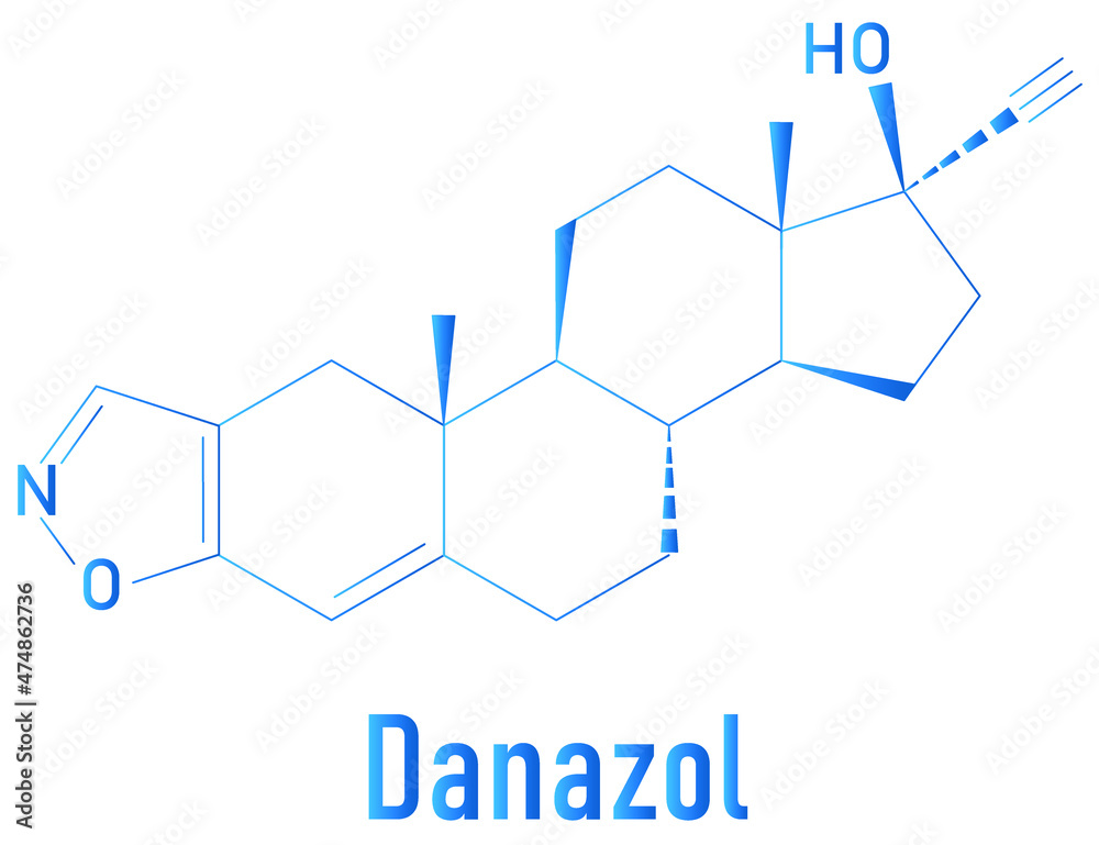 Danazol endometriosis drug molecule. Skeletal formula. Danazol endometriosis drug molecule. Skeletal formula.
