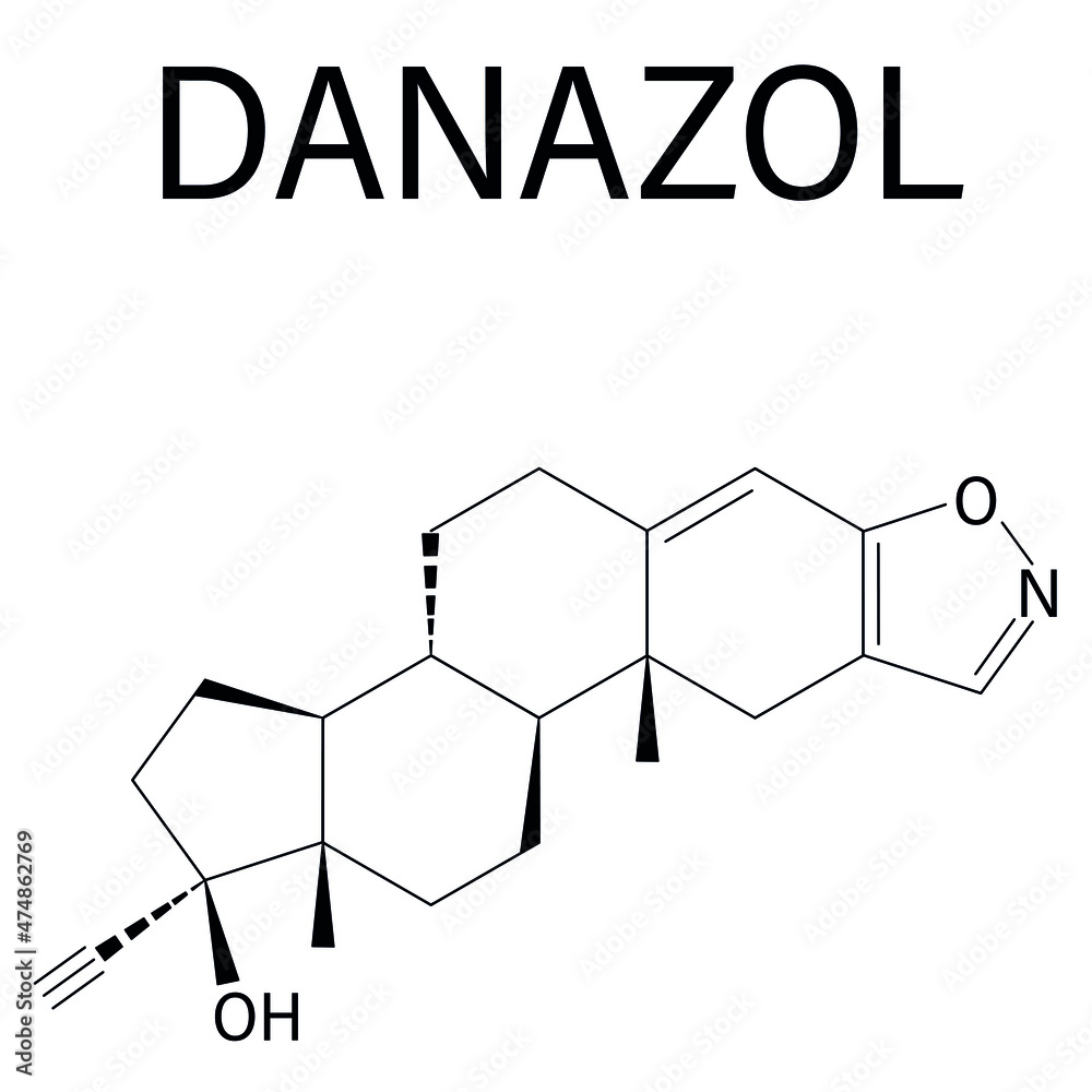 Danazol endometriosis drug molecule. Skeletal formula. Danazol endometriosis drug molecule. Skeletal formula.
