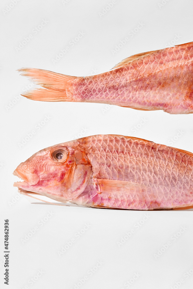 Head and tail with pinkish scales of air-dried salted surmullet on white Head and tail with pinkish scales of air-dried salted surmullet on white