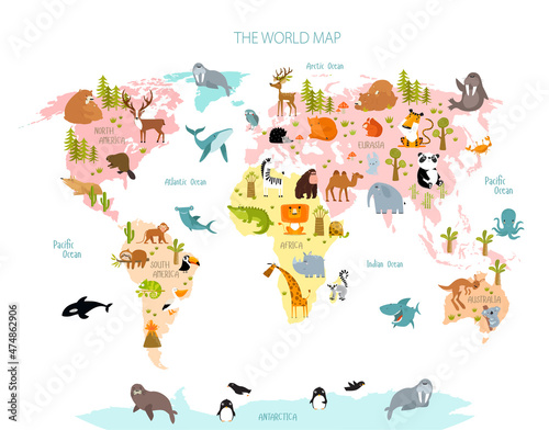 Print. Vector map of the world with cartoon animals for kids. Europe, Asia, South America, North America, Australia, Africa.   © olga