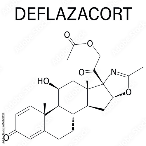 Deflazacort glucocorticoid drug molecule. Skeletal formula. photo