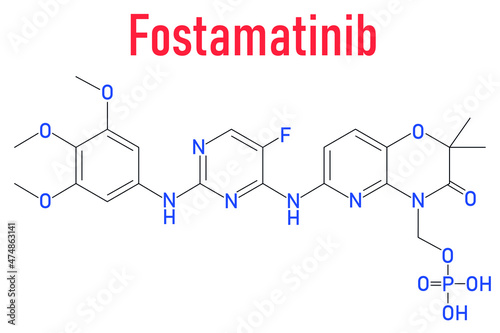 Fostamatinib rheumatoid arthritis drug molecule. Syk inhibitor. Skeletal formula.