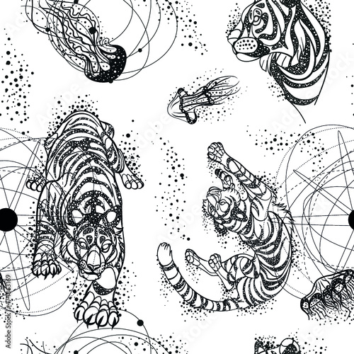 seamless pattern with tiger and jellyfish in space