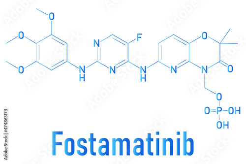 Fostamatinib rheumatoid arthritis drug molecule. Syk inhibitor. Skeletal formula.