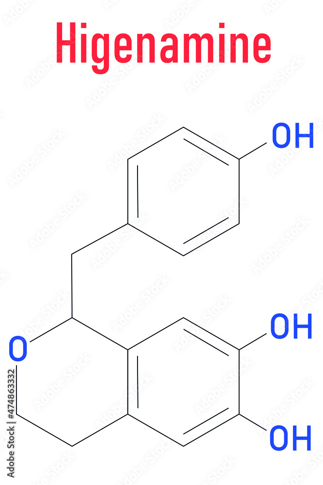 Higenamine herbal molecule. Present in some fat burner food supplements. Skeletal formula. Higenamine herbal molecule. Present in some fat burner food supplements. Skeletal formula.