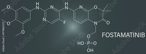 Fostamatinib rheumatoid arthritis drug molecule. Syk inhibitor. Skeletal formula.
