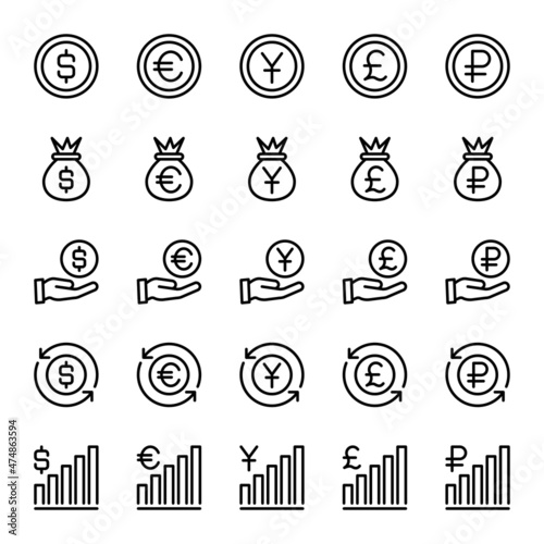 Outline icons for finance currency.