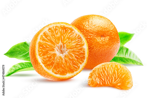 Composition of whole tangerine  half  peeled wedges and leaves isolated on white background.
