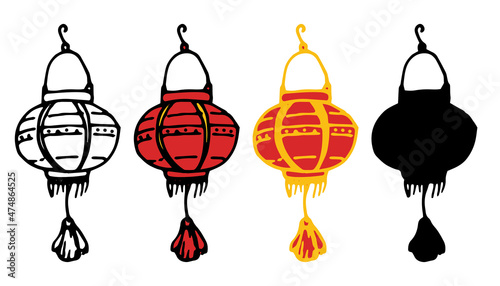 Chinese lanterns are very yellow. round shaped lanterns in a flat style. a set of isolated elements of a Japanese street lamp consisting of balls of red and yellow colors  an isolated black outline an