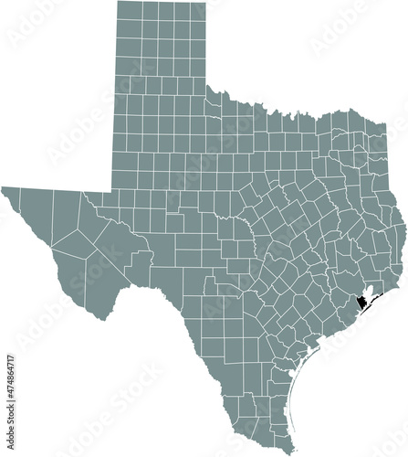 Black highlighted location map of the Galveston County inside gray administrative map of the Federal State of Texas, USA