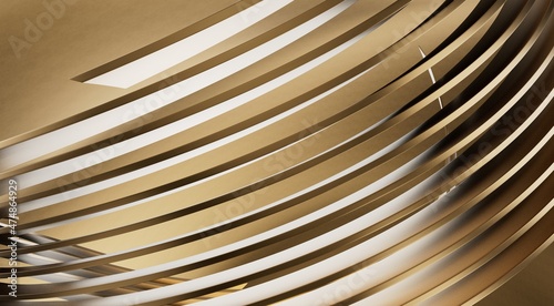 Abstract gold lines are curved on a black background. Optical illusion of concavity