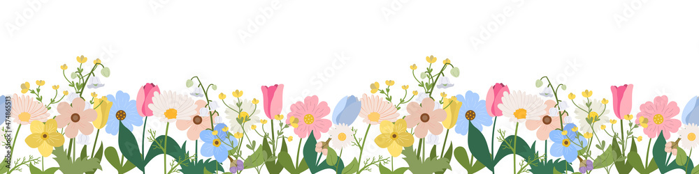 Spring or summer seamless horizontal border with blooming flowers on white background. Multicolored garden flowers in a row. Banner with floral pattern.