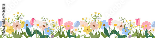 Fototapeta Naklejka Na Ścianę i Meble -  Spring or summer seamless horizontal border with blooming flowers on white background. Multicolored garden flowers in a row. Banner with floral pattern.