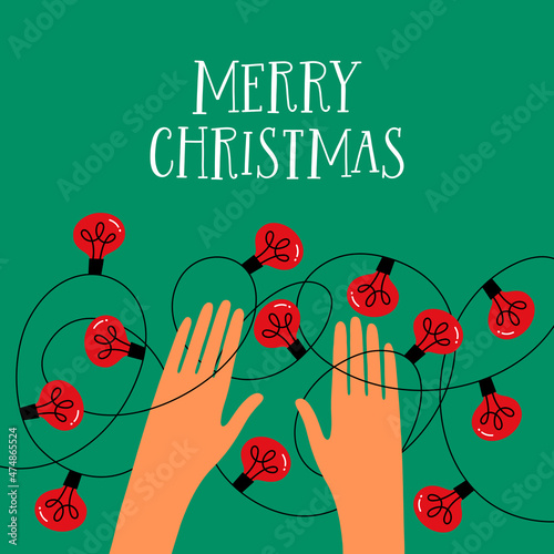 Greeting card with hands and Christmas lights. Holiday print, banner, gift tag. 
