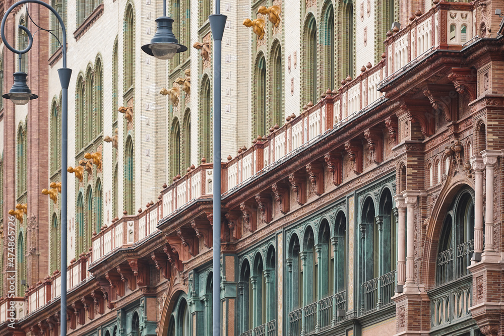 Art noveau picturesque building facade in Budapest. Hungarian landmark.